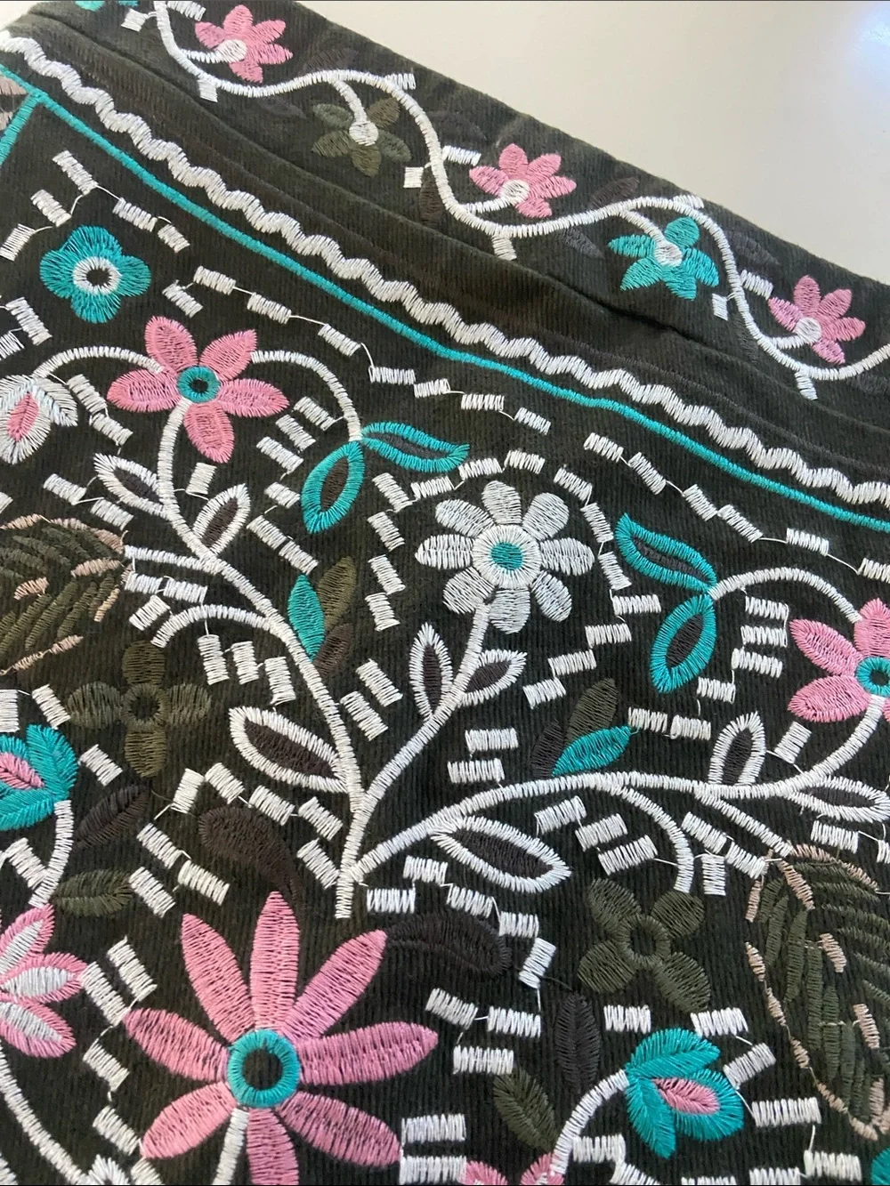 miami Black Embroidered Mini Skirt with Pink & Teal Floral Motif
